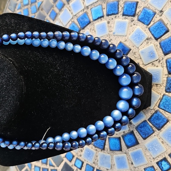 Vintage Light Blue Dark Blue Lucite Double Stranded Moon Glow Necklace - Picture 2 of 5